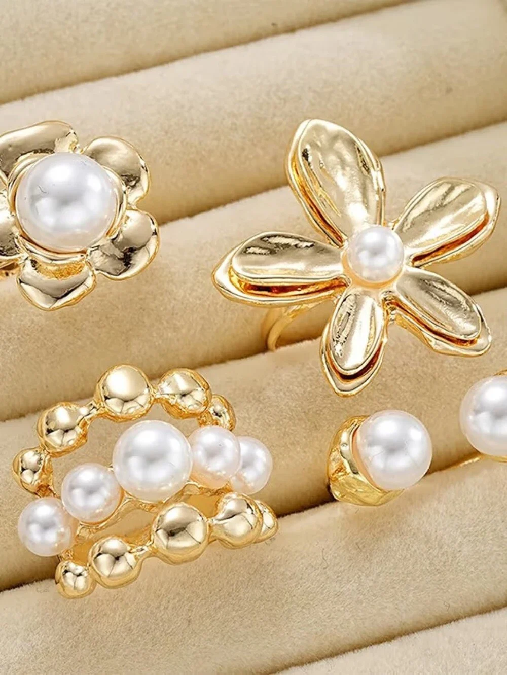 Chunky Gold Ring Set Boho Flower Baroque Pearl Rings Adjustable Stackable - Picture 4 of 4